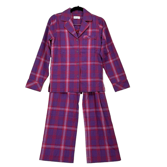 PajamaGram Flannel Pajamas Womens XS Purple Plaid Boyfriend 2-Pc Set Satin Trim - Picture 1 of 6
